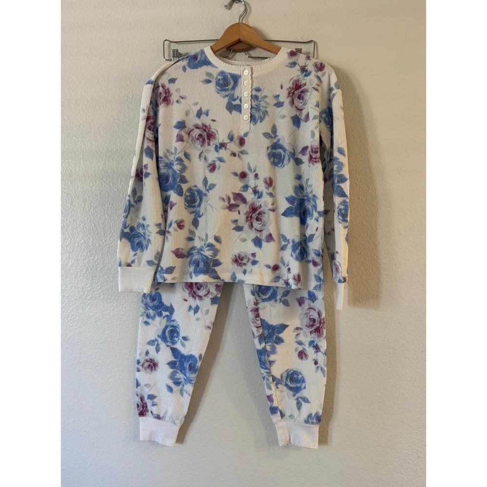 PJ Salvage Pajama Set Floral Waffle Knit Henley Joggers XS White Blue Excellent